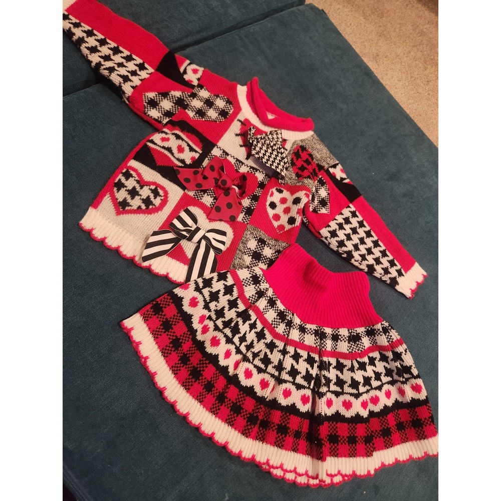 Miniwaves Kids 2T Sweater Skirt Set Red‎ Black Heart Bows Made in USA vintage